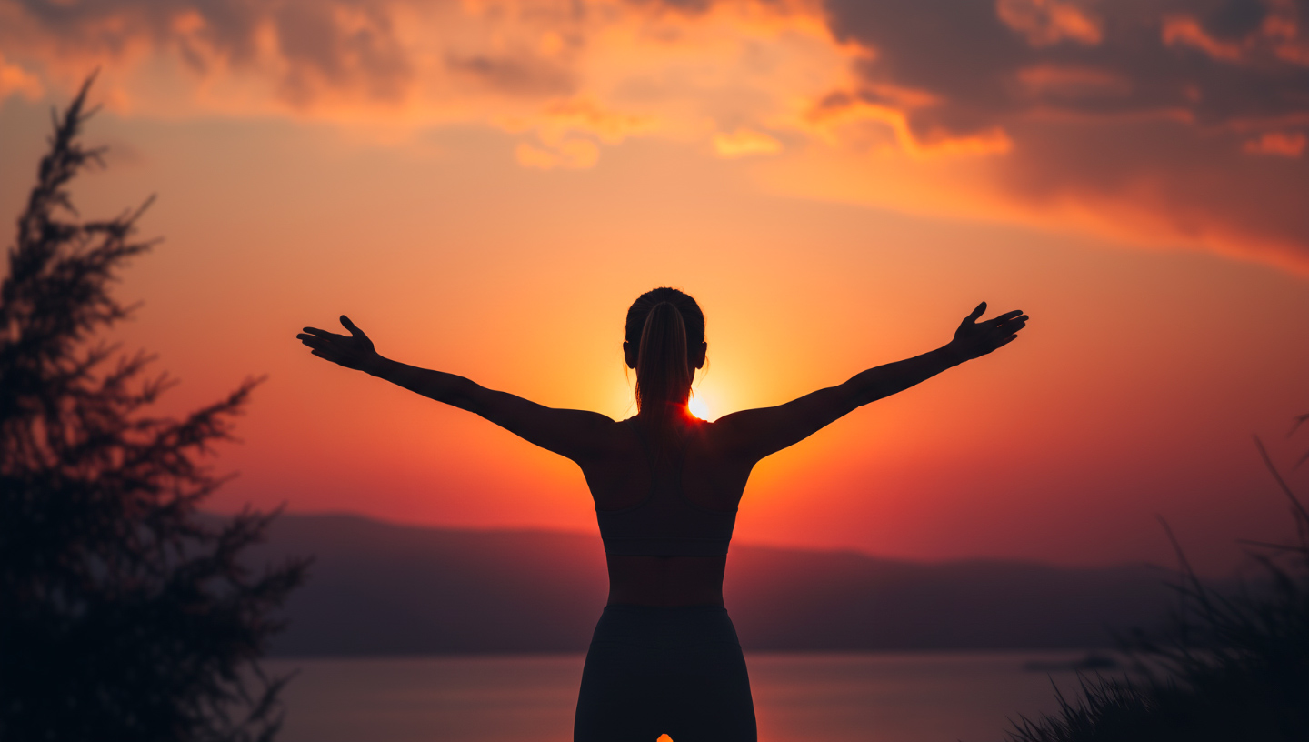 Frau mit ausgebreiteten Armen vor Sonnenuntergang – Symbolbild für Selbstführung und innere Stärke